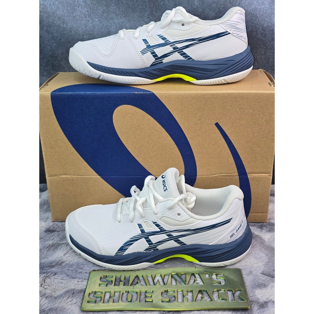 NWB ASICS Gel-Game 9 Tennis Shoes White Mako Blue Kids Size 2 1044A052